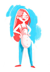 The girl in an apron in retro style keeps her hands on her belt