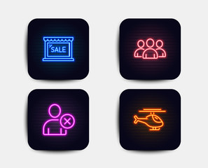 Neon glow lights. Set of Sale, Delete user and Group icons. Helicopter sign. Shopping store, Remove profile, Group of users. Copter.  Neon icons. Glowing light banners. Vector