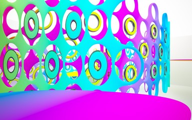 abstract architectural interior with colored smooth sculpture. 3D illustration and rendering