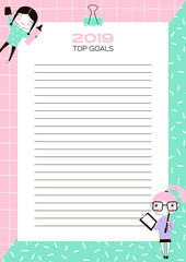 Year Goals Planner with funny kawaii girls. Flat vector illustration.Template for agenda, planners, check lists and other stationery. 