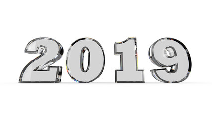 Crystal New Year date number 2019, isolated on white - 3D illustration. Transparent 2019 letters poster.