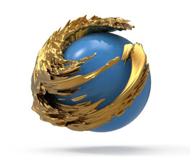 3D illustration of blue planet with golden wave around. Beautiful magic planet as a treasure stone.