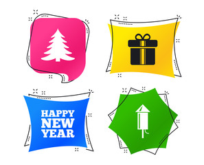 Happy new year icon. Christmas tree and gift box signs. Fireworks rocket symbol. Geometric colorful tags. Banners with flat icons. Trendy design. Vector