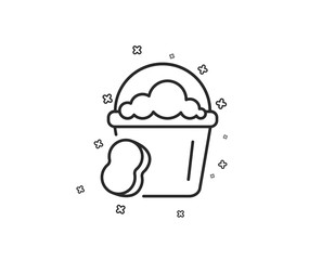 Cleaning bucket with sponge line icon. Washing Housekeeping equipment sign. Geometric shapes. Random cross elements. Linear Sponge icon design. Vector