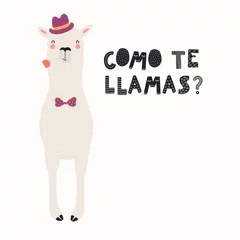 Gordijnen Hand drawn Valentines day card with cute funny llama in hat, bow tie, Spanish text Como te llamas, Whats your name. Vector illustration. Scandinavian style flat design. Concept for invite, print. © Maria Skrigan
