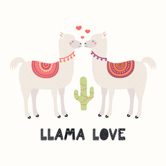Hand drawn Valentines day card with cute funny llamas, hearts, cactus, text Llama love. Vector illustration. Scandinavian style flat design. Concept for celebration, invite, children print.