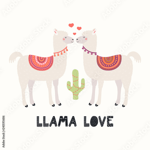 Hand Drawn Valentines Day Card With Cute Funny Llamas - 