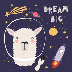 Hand drawn vector illustration of a funny llama astronaut in space, with planets, stars, rocket, comet, text Dream big. Scandinavian style flat design. Concept for children print. © Maria Skrigan