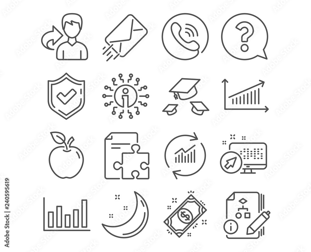 Poster set of question mark, throw hats and strategy icons. column chart, payment and algorithm signs. upda