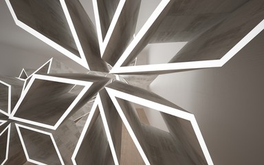 Empty dark abstract concrete room interior with wood. Architectural background. Night view of the illuminated. 3D illustration and rendering