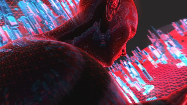 Geometric laser cityscape with human figures. Seamless neon retro futuristic animation 