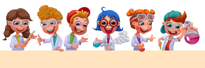 Children conduct chemical experiments. This is homework to school. Educational science activities for kids.