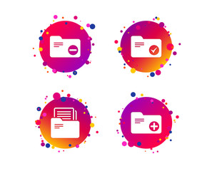 Accounting binders icons. Add or remove document folder symbol. Bookkeeping management with checkbox. Gradient circle buttons with icons. Random dots design. Vector