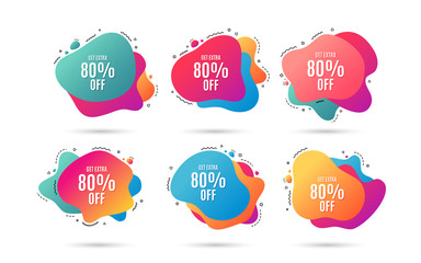 Get Extra 80% off Sale. Discount offer price sign. Special offer symbol. Save 80 percentages. Abstract dynamic shapes with icons. Gradient sale banners. Liquid abstract shapes. Vector
