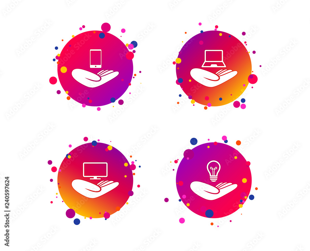 Poster helping hands icons. intellectual property insurance symbol. smartphone, tv monitor and pc notebook 