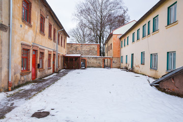 Old town buildings, street and urban view. Winter and snow. Travel photo 2018.