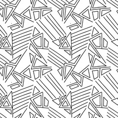Seamless vector pattern, black and white lined asymmetric geometric background with rhombus, triangles. Print for decor, wallpaper, packaging, wrapping, fabric. Triangular graphic design. Line drawing