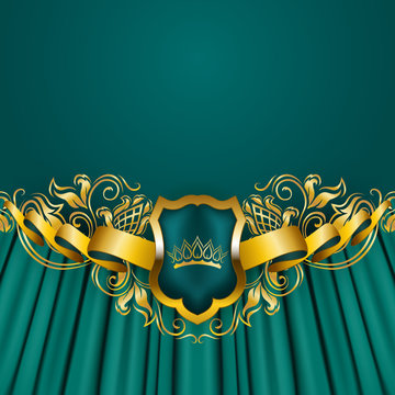 Royal background with ornament, shield, gold crown, ribbon, blazon, place for text in vintage style.