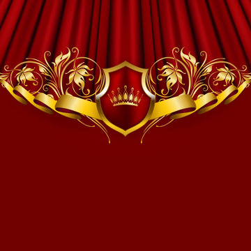 Royal background with ornament, shield, gold crown, ribbon, blazon, place for text in vintage style.