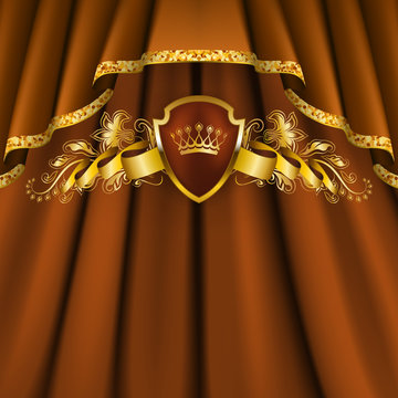 Royal background with ornament, shield, gold crown, ribbon, blazon, place for text in vintage style.