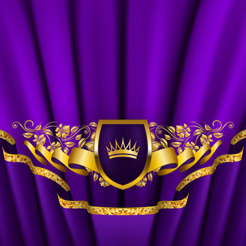 Royal background with ornament, shield, gold crown, ribbon, blazon, place for text in vintage style.