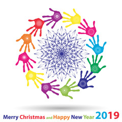 Vector artistic icy abstract crystal snow flakes over handprints isolated on background as winter or december decoration. Ice or frost beautiful star ornament on hand silhouettes or 2019 season art