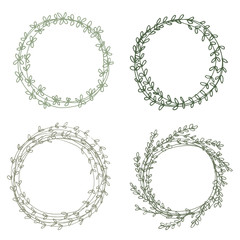 Set of 4 Cute Simple Vector Wreaths. Funny Infantile Style Design. Green Round Shape Garland. Funny Hand Drawn Garland Made of Abstract Twigs. Green Round Shape Frames Isolated on White Background.