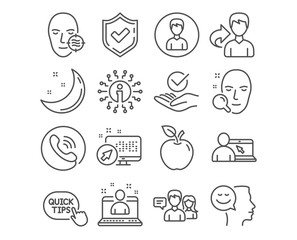 Set of Person, Online education and Quick tips icons. Problem skin, Best manager and Good mood signs. Face search, Approved and People talking symbols. Edit profile, Internet lectures, Helpful tricks