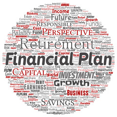 Vector conceptual business or personal financial plan round circle red finance strategy word cloud isolated background. Collage of income, money investment, future retirement security concept design