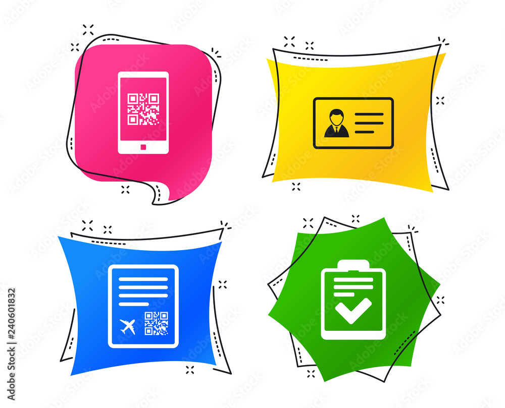 Aufkleber qr scan code in smartphone icon. boarding pass flight sign. id card badge symbol. check or tick sign