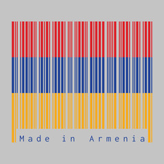 Barcode set the color of Armenia flag, red blue and orange on white background with text: Made in Armenia. concept of sale or business.
