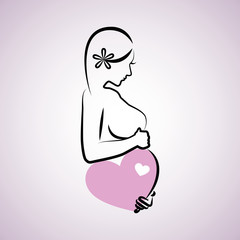 pregnant woman with pink heart in her belly outline drawing vector illustration EPS10