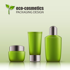 Set of realistic green glass bottles eco cosvetic