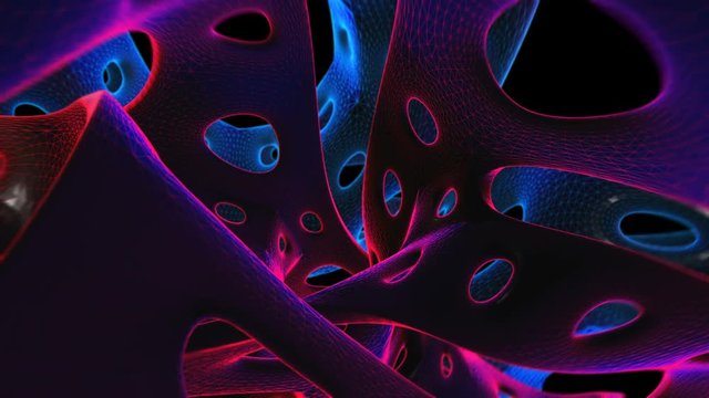 Flying through a lowpoly organic tunnel. Seamless neon retro futuristic animation 