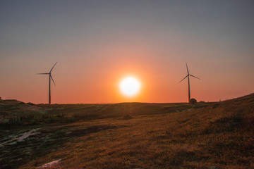 wind turbines at sunset