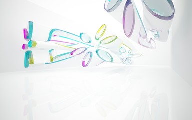 White smooth abstract architectural background whith colored gradient lines . 3D illustration and rendering