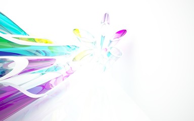 abstract architectural interior with colored smooth glass sculpture. 3D illustration and rendering