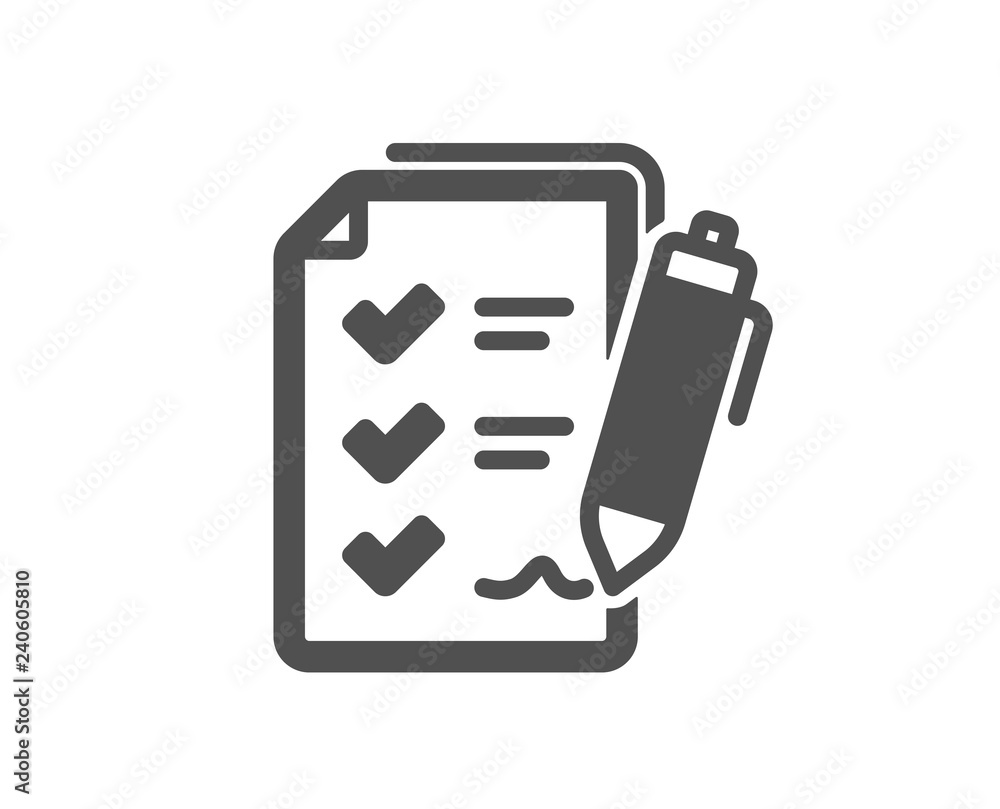 Poster survey checklist icon. report sign. business review symbol. quality design element. classic style ic