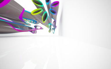 Abstract dynamic interior with colored gradient smooth objects and brown room . 3D illustration and rendering