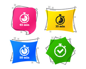 Timer icons. 35, 45 and 50 minutes stopwatch symbols. Check or Tick mark. Geometric colorful tags. Banners with flat icons. Trendy design. Vector