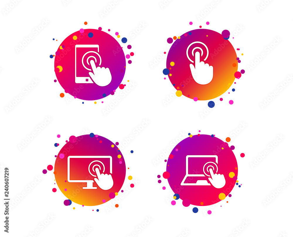 Poster touch screen smartphone icons. hand pointer symbols. notebook or laptop pc sign. gradient circle but