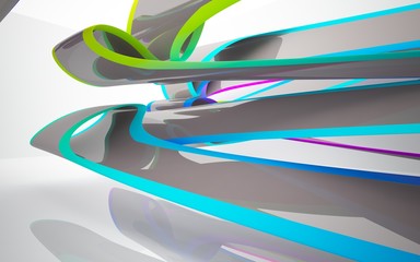 Abstract dynamic interior with colored gradient smooth objects and brown room . 3D illustration and rendering