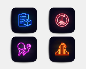 Neon glow lights. Set of Parcel checklist, Airplane and 48 hours icons. Roller coaster sign. Logistics check, Plane, Delivery service. Attraction park.  Neon icons. Glowing light banners. Vector