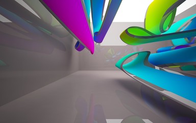 Abstract dynamic interior with colored gradient smooth objects and brown room . 3D illustration and rendering