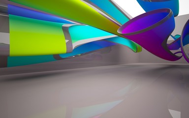 Abstract dynamic interior with colored gradient smooth objects and brown room . 3D illustration and rendering