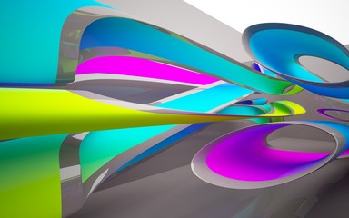 Abstract dynamic interior with colored gradient smooth objects and brown room . 3D illustration and rendering