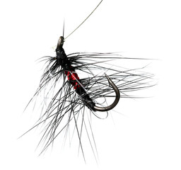 Feathers on a hook for fishing on a white background