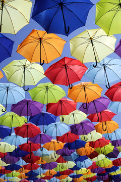 Colorful umbrellas background. Street decoration.