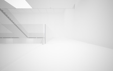 Fototapeta premium Streszczenie białe wnętrze wielopoziomowej przestrzeni publicznej z oświetleniem neonowym. Ilustracja i renderowanie 3D.