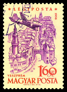 Postage stamp. Plane over  Veszprem.